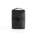 Black insulated lunch bag with a handle on a white background