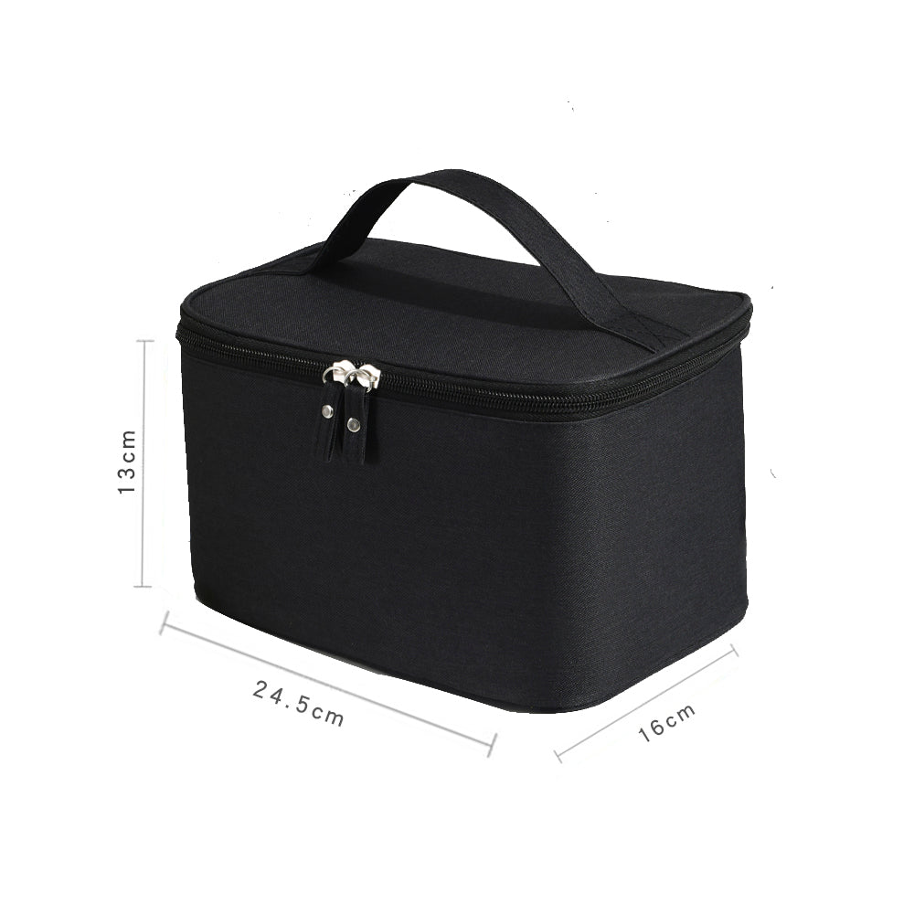 Black cosmetic bag with dimensions on a white background