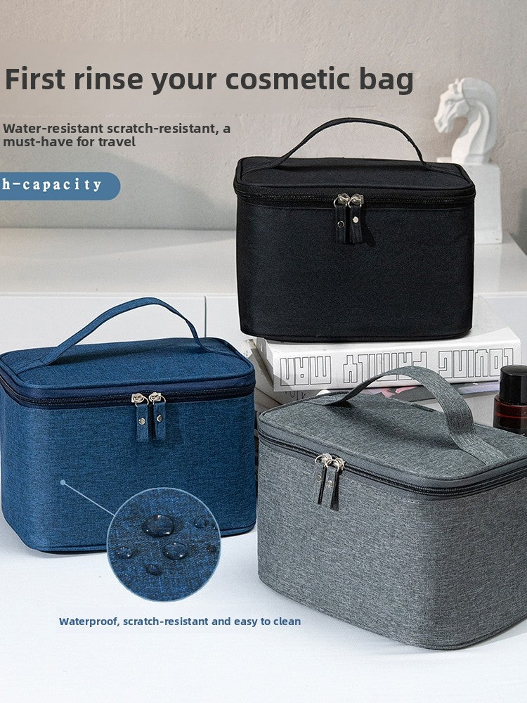 Three cosmetic bags in black, blue, and gray on a light background with text about their features.