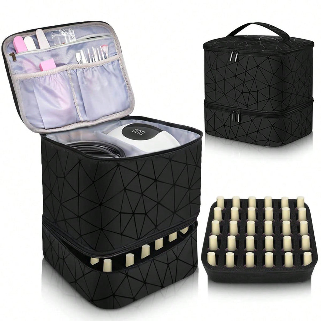 Black geometric makeup organizer with compartments on a white background