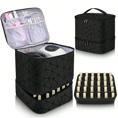 Black geometric makeup organizer with compartments on a white background